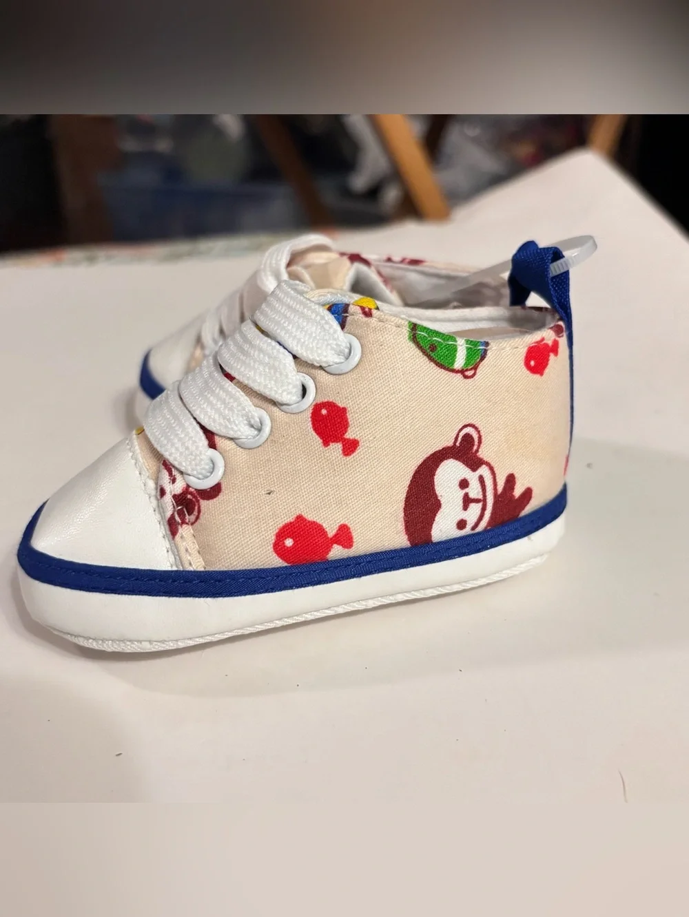 Baby Canvas Walker Shoes in Cream with Red Fish & Monkey Print